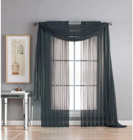 3 Piece Sheer Panel (2 Pieces 58" x 84") and Scarf Window (1 Pieces 37" x 216") Curtain Combo Set (Black) in Kuwait