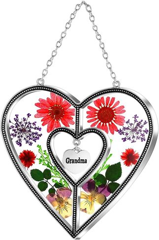 KY&BOSAM Heart Suncatcher Crystal Tree of Life Stained Glass Panles Real Flower Hangings for Windows Home Garden Outside Wind Chime Decor Birthday Gifts for Women Mother's Day Christmas Ornament in Kuwait