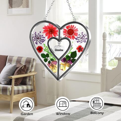 KY&BOSAM Heart Suncatcher Crystal Tree of Life Stained Glass Panles Real Flower Hangings for Windows Home Garden Outside Wind Chime Decor Birthday Gifts for Women Mother's Day Christmas Ornament in Kuwait