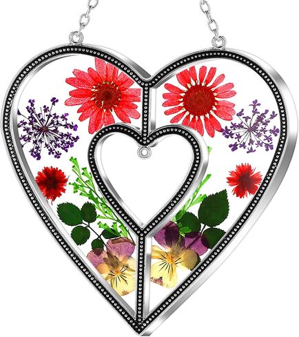 KY&BOSAM Heart Suncatchers الجدة هدية زخرفة الزجاج الملون الشمس الماسك حديقة الشنق النوافذ مع ضغط زهرة القلب جزءا لا يتجزأ من الهدايا الزجاجية للجدة عيد الأم هدايا عيد ميلاد in Kuwait
