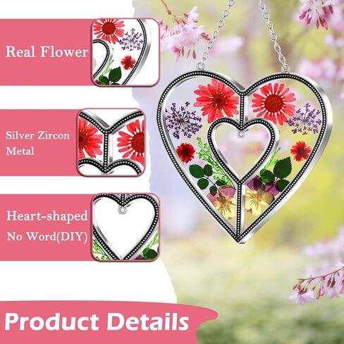 KY&BOSAM Heart Suncatchers الجدة هدية زخرفة الزجاج الملون الشمس الماسك حديقة الشنق النوافذ مع ضغط زهرة القلب جزءا لا يتجزأ من الهدايا الزجاجية للجدة عيد الأم هدايا عيد ميلاد in Kuwait