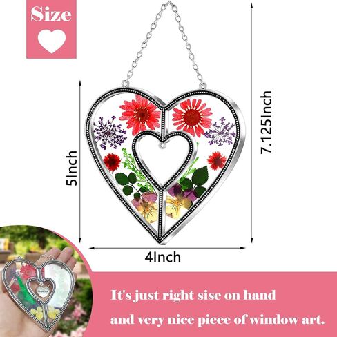 KY&BOSAM Heart Suncatchers الجدة هدية زخرفة الزجاج الملون الشمس الماسك حديقة الشنق النوافذ مع ضغط زهرة القلب جزءا لا يتجزأ من الهدايا الزجاجية للجدة عيد الأم هدايا عيد ميلاد in Kuwait