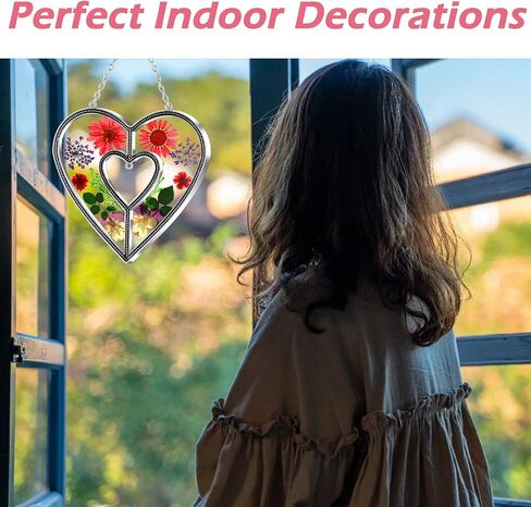 KY&BOSAM Heart Suncatchers الجدة هدية زخرفة الزجاج الملون الشمس الماسك حديقة الشنق النوافذ مع ضغط زهرة القلب جزءا لا يتجزأ من الهدايا الزجاجية للجدة عيد الأم هدايا عيد ميلاد in Kuwait