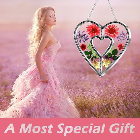 KY&BOSAM Heart Suncatchers الجدة هدية زخرفة الزجاج الملون الشمس الماسك حديقة الشنق النوافذ مع ضغط زهرة القلب جزءا لا يتجزأ من الهدايا الزجاجية للجدة عيد الأم هدايا عيد ميلاد in Kuwait