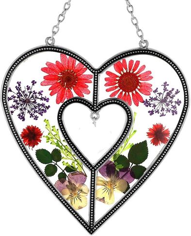 KY&BOSAM Heart Suncatchers الجدة هدية زخرفة الزجاج الملون الشمس الماسك حديقة الشنق النوافذ مع ضغط زهرة القلب جزءا لا يتجزأ من الهدايا الزجاجية للجدة عيد الأم هدايا عيد ميلاد in Kuwait