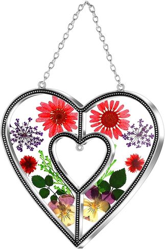 KY&BOSAM Heart Suncatchers الجدة هدية زخرفة الزجاج الملون الشمس الماسك حديقة الشنق النوافذ مع ضغط زهرة القلب جزءا لا يتجزأ من الهدايا الزجاجية للجدة عيد الأم هدايا عيد ميلاد in Kuwait