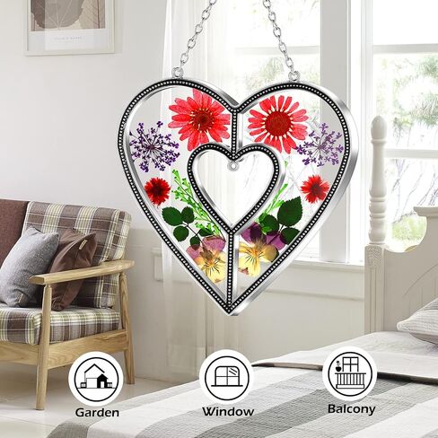 KY&BOSAM Heart Suncatchers الجدة هدية زخرفة الزجاج الملون الشمس الماسك حديقة الشنق النوافذ مع ضغط زهرة القلب جزءا لا يتجزأ من الهدايا الزجاجية للجدة عيد الأم هدايا عيد ميلاد in Kuwait