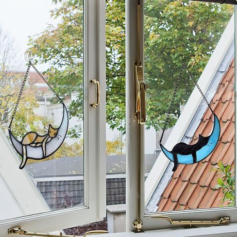 BOXCASA قطة من الزجاج الملون على هدايا القمر، هدايا قطط نائمة لمحبي القطط، صائدات شمس مصنوعة يدويًا من الزجاج الملون للتعليق على النوافذ من الزجاج الملون، هدايا مضحكة بطابع قطط للفتيات والأم أو النساء in Kuwait