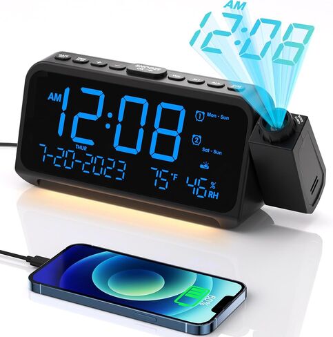 Projection Alarm Clock for Bedroom with Weekday/Weekend Mode,Digital Clock with 350° Projector,5-Level Dimmer,Adjustable Volume,Temperature & Humidity Monitor,Calendar,Snooze,12/24H,DST,Battery Backup in Kuwait