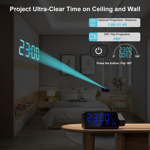 Projection Alarm Clock for Bedroom with Weekday/Weekend Mode,Digital Clock with 350° Projector,5-Level Dimmer,Adjustable Volume,Temperature & Humidity Monitor,Calendar,Snooze,12/24H,DST,Battery Backup in Kuwait