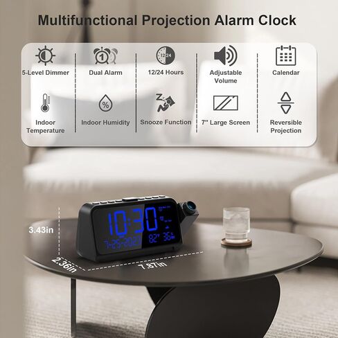 Projection Alarm Clock for Bedroom with Weekday/Weekend Mode,Digital Clock with 350° Projector,5-Level Dimmer,Adjustable Volume,Temperature & Humidity Monitor,Calendar,Snooze,12/24H,DST,Battery Backup in Kuwait