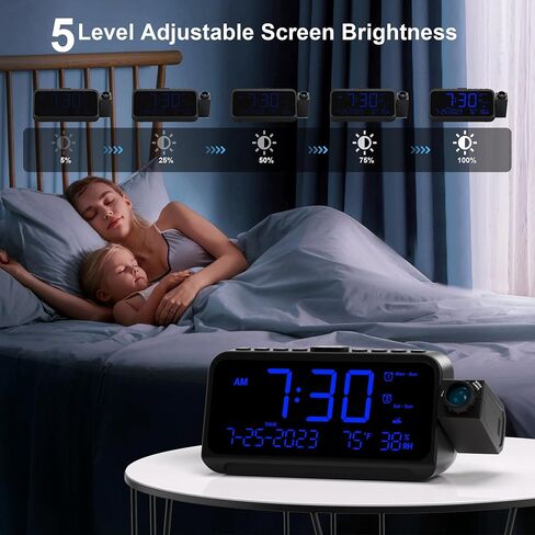 Projection Alarm Clock for Bedroom with Weekday/Weekend Mode,Digital Clock with 350° Projector,5-Level Dimmer,Adjustable Volume,Temperature & Humidity Monitor,Calendar,Snooze,12/24H,DST,Battery Backup in Kuwait