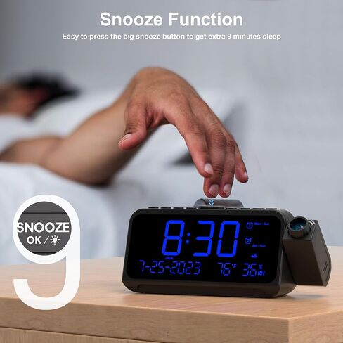 Projection Alarm Clock for Bedroom with Weekday/Weekend Mode,Digital Clock with 350° Projector,5-Level Dimmer,Adjustable Volume,Temperature & Humidity Monitor,Calendar,Snooze,12/24H,DST,Battery Backup in Kuwait