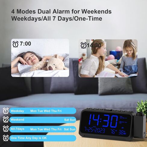Projection Alarm Clock for Bedroom with Weekday/Weekend Mode,Digital Clock with 350° Projector,5-Level Dimmer,Adjustable Volume,Temperature & Humidity Monitor,Calendar,Snooze,12/24H,DST,Battery Backup in Kuwait