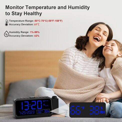 Projection Alarm Clock for Bedroom with Weekday/Weekend Mode,Digital Clock with 350° Projector,5-Level Dimmer,Adjustable Volume,Temperature & Humidity Monitor,Calendar,Snooze,12/24H,DST,Battery Backup in Kuwait