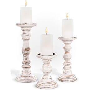 Large Candle Holders for Pillar Candles - Decorative Rustic Centerpiece Pillars Compatible with Battery-Operated Candles - Tall Farmhouse Wooden Candle Holders Pillar - Pillar Candle Holders Set of 3 in Saudi Arabia