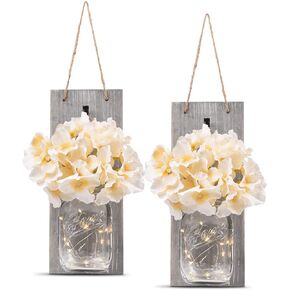 HOMKO Rustic Wall Decor, Mason Jars Wall Sconces with Remote Control Multi-Mode LED Lights, Hanging Farmhouse Decor (Set of 2) - Rustic Brown
