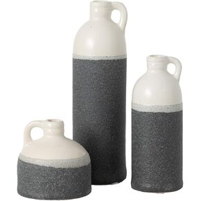 Sullivans Modern Farmhouse Distressed Two-Toned White Small Ceramic Jug Set of Three (3), 4, 7.5, 10" Tall, Crackled Finish Faux Floral Jugs, Distressed Decoration