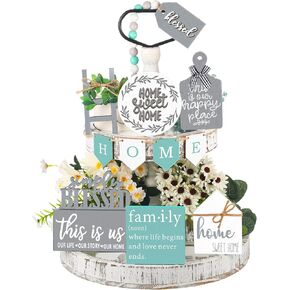 Two Tiered Tray with 11 Pcs Wooden Signs, Farmhouse Tiered Tray Decor Set Rustic Home Kitchen Table Fall Decor Wood Tiered Tray Stand Decorative Table Shelf Centerpiece(Autumn Style)