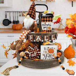 Fall Decor - Fall Tiered Tray Decor Bundle 6 PCS - 3 Fall Wooden Signs - Plush Gnome - Wood Beads Garland - Mini Wooden Banner - Rustic Farmhouse Home Autumn Harvest Kitchen Table Shelf Decorations in Kuwait