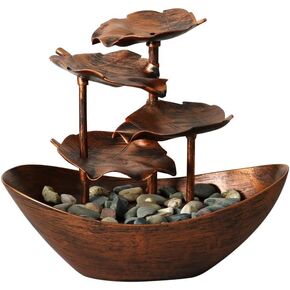 Creative Ingot Lotus Leaf Flowing Water Tabletop Fountain with LED Night Light, Automatic Pump USB Desk Fountain Home Office Decor(bronze-coloured)
