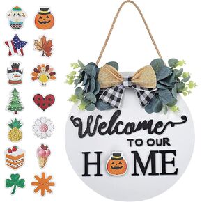 Seasonal Interchangeable Welcome Sign for Front Door Decor, Welcome to Our Home Sign with Interchangeable Holiday Pieces, Welcome Door Sign for Farmhouse Front Porch Decor and Housewarming Gift(Black)