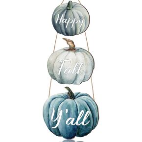 Thyle 3 Pcs Fall Decorations Wood Pumpkin Hanging Sign Happy Fall Y'all Wooden Pumpkins Wall Signs White Blue Fall Decor Thanksgiving Autumn Centerpieces Decor for Home Front Door Mantel Wall