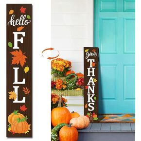 Hello Fall Porch Decor Sign, 38" Vertical Thanksgiving Door Decoration Double-Sided Give Thanks Welcome Sign for Front Door, Wooden Fall Decor Sign Farmhouse Autumn Indoor Outdoor Decorations in Saudi Arabia