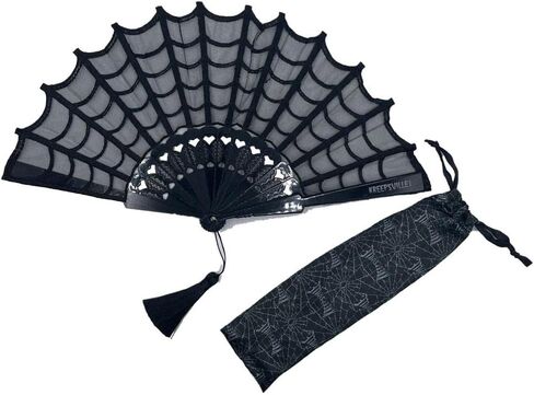 مروحة يدوية من قماش الدانتيل القوطي من krepsville 666 Spiderweb مع شرابة in Saudi Arabia