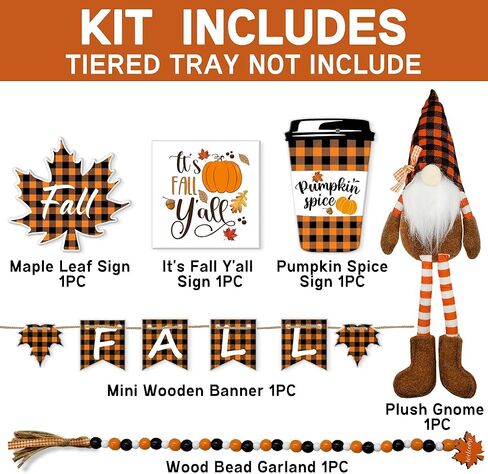 Fall Decor - Fall Tiered Tray Decor Bundle 6 PCS - 3 Fall Wooden Signs - Plush Gnome - Wood Beads Garland - Mini Wooden Banner - Rustic Farmhouse Home Autumn Harvest Kitchen Table Shelf Decorations in Kuwait