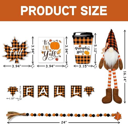 Fall Decor - Fall Tiered Tray Decor Bundle 6 PCS - 3 Fall Wooden Signs - Plush Gnome - Wood Beads Garland - Mini Wooden Banner - Rustic Farmhouse Home Autumn Harvest Kitchen Table Shelf Decorations in Kuwait