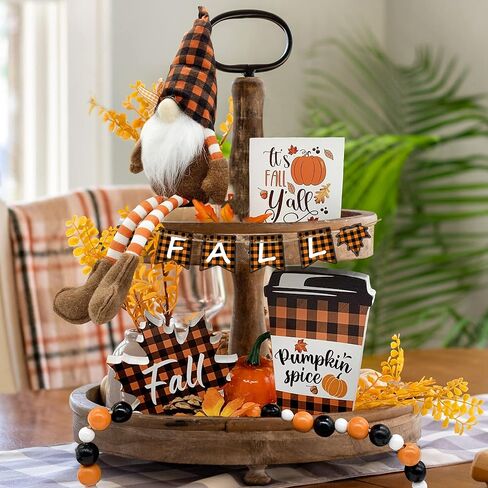 Fall Decor - Fall Tiered Tray Decor Bundle 6 PCS - 3 Fall Wooden Signs - Plush Gnome - Wood Beads Garland - Mini Wooden Banner - Rustic Farmhouse Home Autumn Harvest Kitchen Table Shelf Decorations in Kuwait