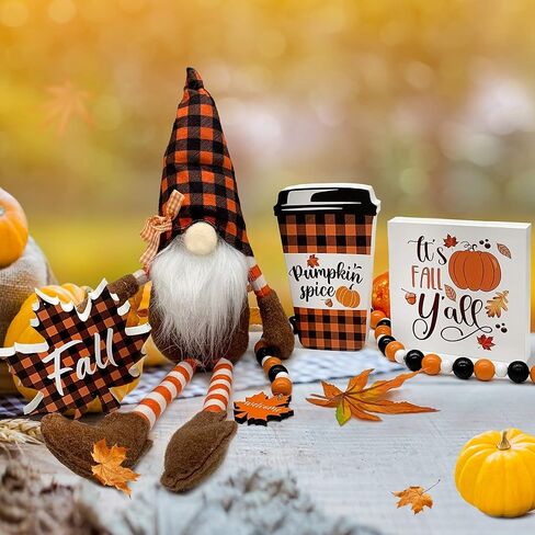 Fall Decor - Fall Tiered Tray Decor Bundle 6 PCS - 3 Fall Wooden Signs - Plush Gnome - Wood Beads Garland - Mini Wooden Banner - Rustic Farmhouse Home Autumn Harvest Kitchen Table Shelf Decorations in Kuwait