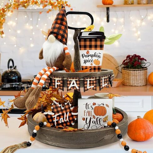 Fall Decor - Fall Tiered Tray Decor Bundle 6 PCS - 3 Fall Wooden Signs - Plush Gnome - Wood Beads Garland - Mini Wooden Banner - Rustic Farmhouse Home Autumn Harvest Kitchen Table Shelf Decorations in Kuwait