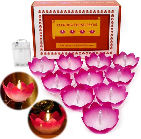Diwali Gifts Electronic LED Diyas - Lotus Shaped Diya String Lights Diwali Pooja Item Indian Home Office Mandir Puja Decor, 10 Lotus Diyas per String, Battery Operated, Waterproof, Lasts 100+ Hours in Kuwait