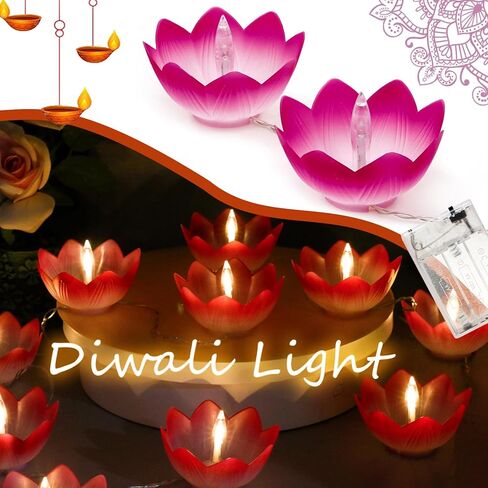 Diwali Gifts Electronic LED Diyas - Lotus Shaped Diya String Lights Diwali Pooja Item Indian Home Office Mandir Puja Decor, 10 Lotus Diyas per String, Battery Operated, Waterproof, Lasts 100+ Hours in Kuwait