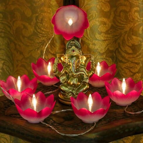 Diwali Gifts Electronic LED Diyas - Lotus Shaped Diya String Lights Diwali Pooja Item Indian Home Office Mandir Puja Decor, 10 Lotus Diyas per String, Battery Operated, Waterproof, Lasts 100+ Hours in Kuwait