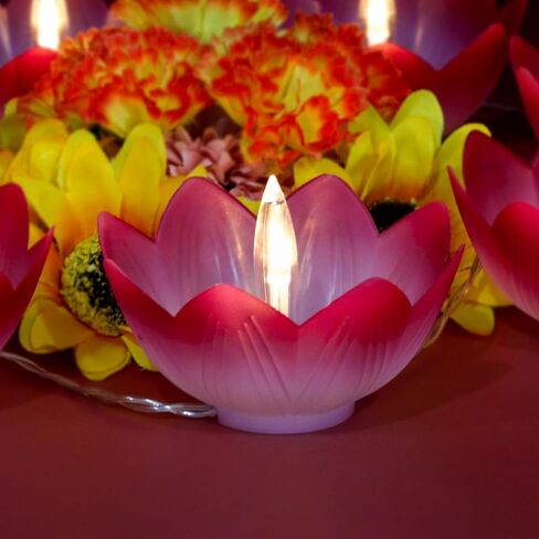 Diwali Gifts Electronic LED Diyas - Lotus Shaped Diya String Lights Diwali Pooja Item Indian Home Office Mandir Puja Decor, 10 Lotus Diyas per String, Battery Operated, Waterproof, Lasts 100+ Hours in Kuwait