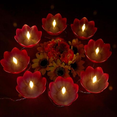 Diwali Gifts Electronic LED Diyas - Lotus Shaped Diya String Lights Diwali Pooja Item Indian Home Office Mandir Puja Decor, 10 Lotus Diyas per String, Battery Operated, Waterproof, Lasts 100+ Hours in Kuwait