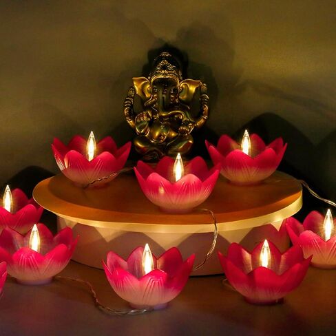 Diwali Gifts Electronic LED Diyas - Lotus Shaped Diya String Lights Diwali Pooja Item Indian Home Office Mandir Puja Decor, 10 Lotus Diyas per String, Battery Operated, Waterproof, Lasts 100+ Hours in Kuwait