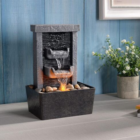 GOSSI Home Décor 10.3 in Indoor Waterfall Fountain Relaxation High Pressure Water Pumps Tabletop Fountain Nature Feeling Water Fountains with Reflective Lighting/River Rocks Home/Office Decoration in Saudi Arabia