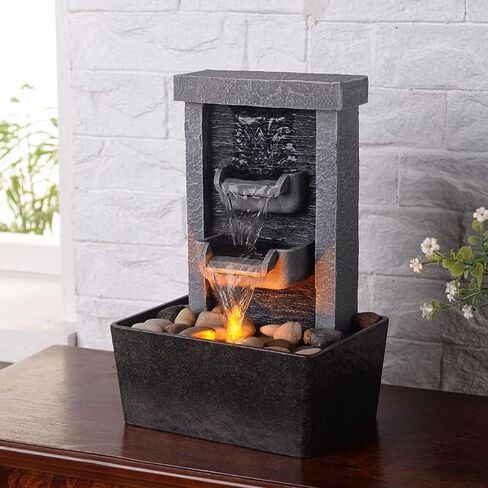 GOSSI Home Décor 10.3 in Indoor Waterfall Fountain Relaxation High Pressure Water Pumps Tabletop Fountain Nature Feeling Water Fountains with Reflective Lighting/River Rocks Home/Office Decoration in Saudi Arabia