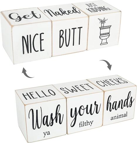 Farmhouse Bathroom Decor,Cute Funny Bathroom Signs,4 Sides-Nice Butt&Get Naked&Hello Sweet Cheeks&Wash Your Hands Wooden Rustic Black Bathroom Decor for Shelf,Restroom Decorations,2.8" in Kuwait