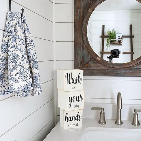 Farmhouse Bathroom Decor,Cute Funny Bathroom Signs,4 Sides-Nice Butt&Get Naked&Hello Sweet Cheeks&Wash Your Hands Wooden Rustic Black Bathroom Decor for Shelf,Restroom Decorations,2.8" in Kuwait