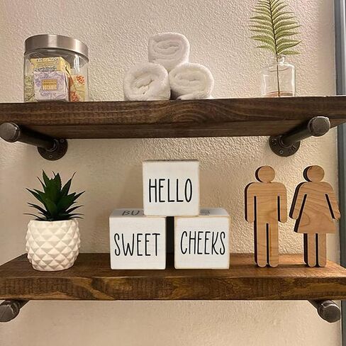 Farmhouse Bathroom Decor,Cute Funny Bathroom Signs,4 Sides-Nice Butt&Get Naked&Hello Sweet Cheeks&Wash Your Hands Wooden Rustic Black Bathroom Decor for Shelf,Restroom Decorations,2.8" in Kuwait