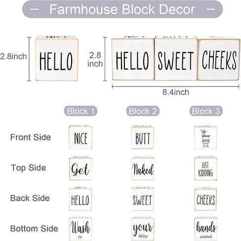 Farmhouse Bathroom Decor,Cute Funny Bathroom Signs,4 Sides-Nice Butt&Get Naked&Hello Sweet Cheeks&Wash Your Hands Wooden Rustic Black Bathroom Decor for Shelf,Restroom Decorations,2.8" in Kuwait