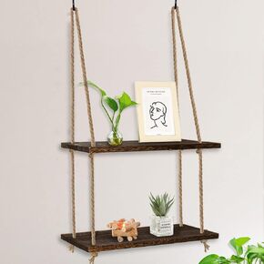 Iwaiting Outdoor Hanging Shelves for Wall, 2 Tier Antique Wood Floating Hanging Shelf with Handmade Twine Weaving Process, Suitable for Bedroom Living Room Bathroom Hanging Window Plant Shelves Decor in Saudi Arabia
