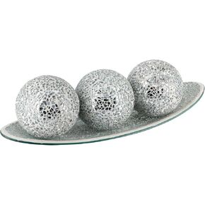 Centerpiece Bowl and Balls Set, Mosaic Glass Tray with 3 Pieces Spheres, 12.9" Decorative Plate with 3" Mosaic Orbs for Home Decor, Gift (Silver) in Saudi Arabia