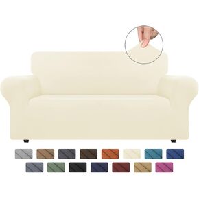 Stretch Spandex Couch Cover,Soft Washable 1 Piece Sofa Slipcover for 2 Cushion with Elastic Furniture Protector for Pets, Kids(Medium,Black)