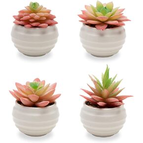 VIVERIE Mini Blue Artificial Succulent in Pots (White Ceramic, 4 Pot Set) Fake Plants for Indoors, Office Decor Blue, Room Decorations Aesthetics & Office Home Decor Gifts-Faux Plant